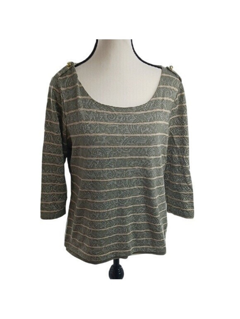 Chico's Top Women's Green Striped Size S 3/4 Sleeve Button Shoulder